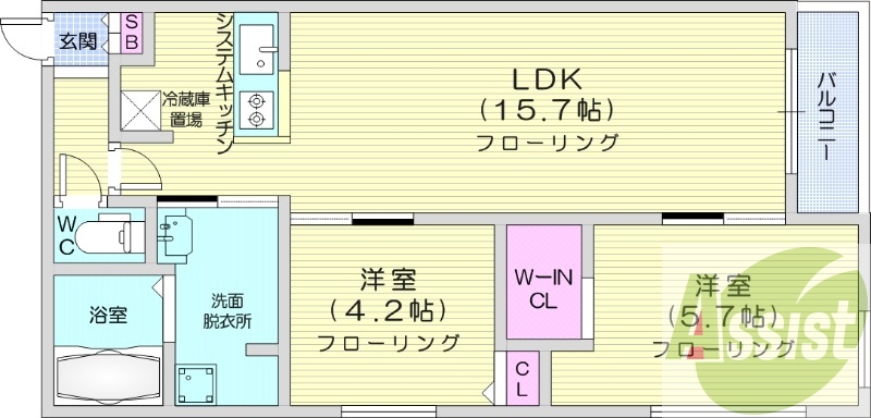 2LDK、エアコン、都市ガス、システムキッチン