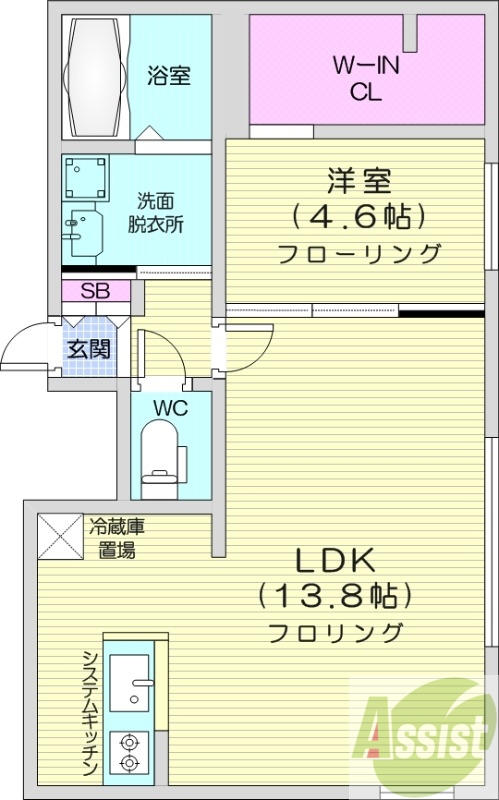 1LDK、エアコン、都市ガス、システムキッチン