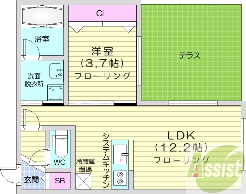 1LDK、エアコン、都市ガス、システムキッチン