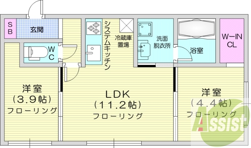 2LDK、エアコン、システムキッチン、独立洗面台