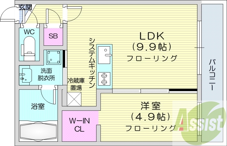 1LDK、エアコン、都市ガス、システムキッチン
