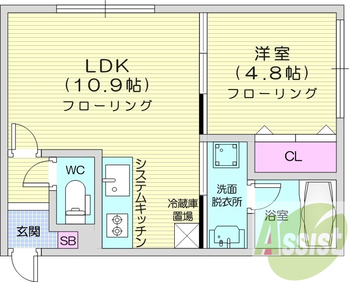 1LDK、エアコン、システムキッチン、独立洗面台