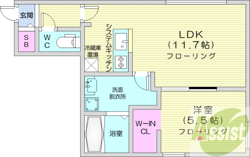 1LDK、エアコン、都市ガス、システムキッチン