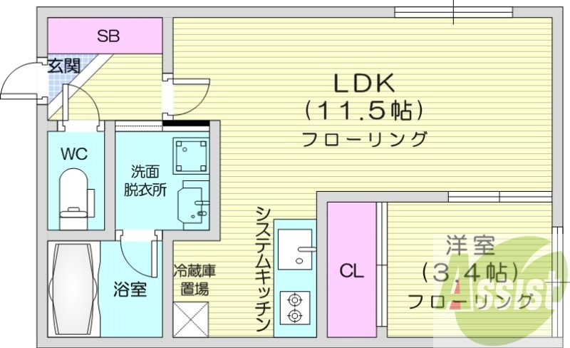 1LDK、エアコン、システムキッチン、独立洗面台