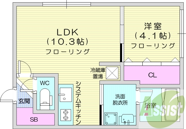 1LDK、エアコン、システムキッチン、独立洗面台