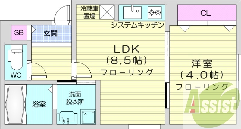 1LDK、エアコン、浴室乾燥機、システムキッチン、ネット無料