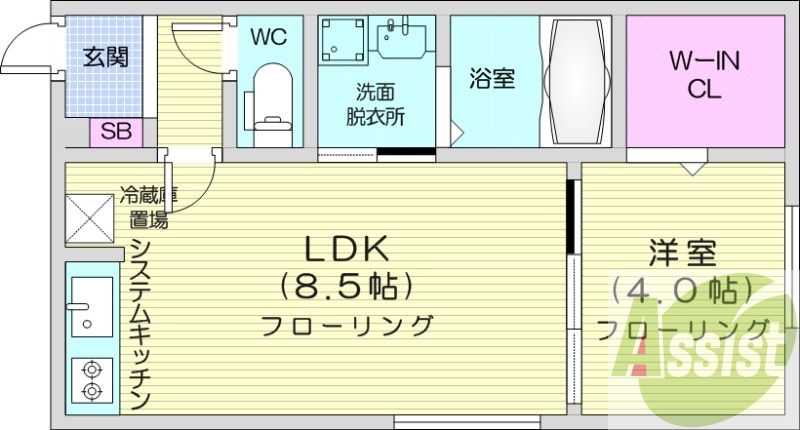 1LDK、エアコン、浴室乾燥機、システムキッチン、ネット無料