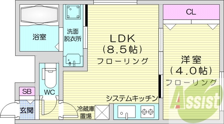 1LDK、エアコン、浴室乾燥機、システムキッチン、ネット無料