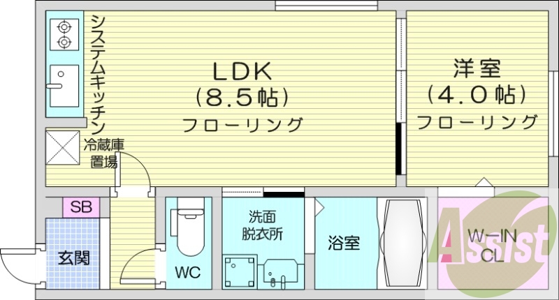 1LDK、エアコン、浴室乾燥機、システムキッチン、ネット無料