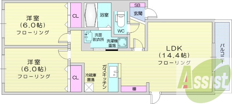 2LDK、ネット無料、TV付きモニターホン、灯油暖房