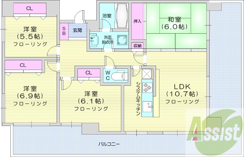 4LDK、都市ガス、エアコン、システムキッチン