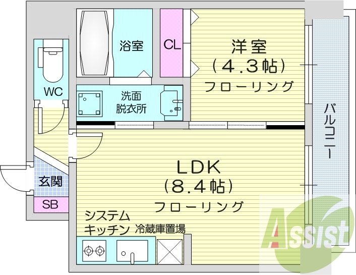 1LDK、都市ガス、エアコン、システムキッチン、ネット無料