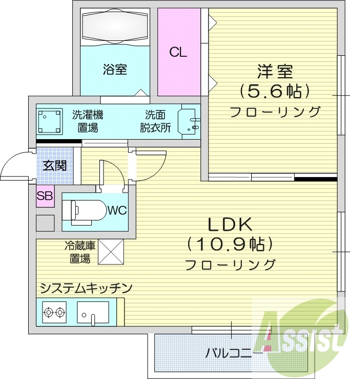 1LDK、エアコン、都市ガス、システムキッチン