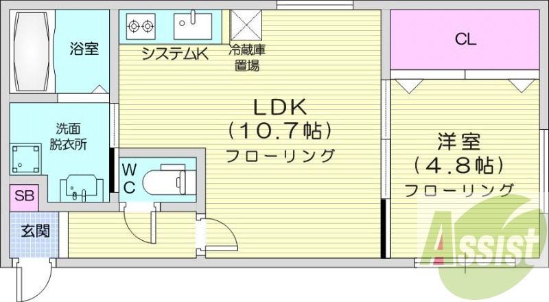 1LDK、エアコン、都市ガス、システムキッチン