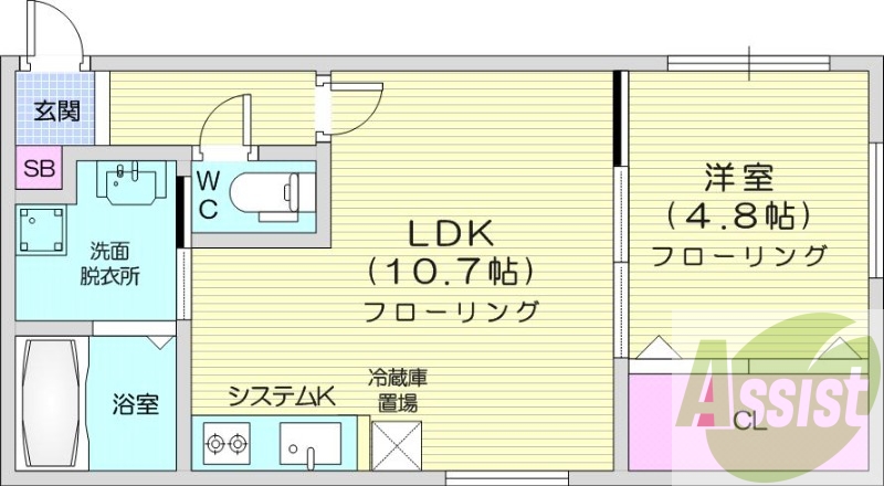 1LDK、エアコン、都市ガス、システムキッチン
