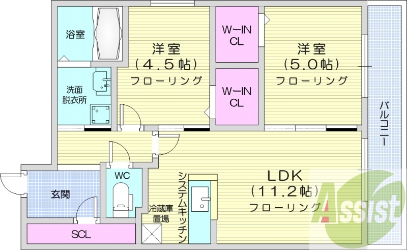 2LDK、エアコン、灯油暖房、バルコニー、オートロック