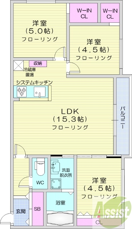 3LDK、エアコン、都市ガス、ネット無料