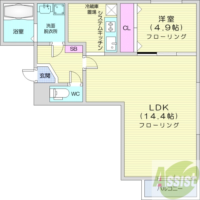 1LDK、収納、角部屋、都市ガス、ガス暖房