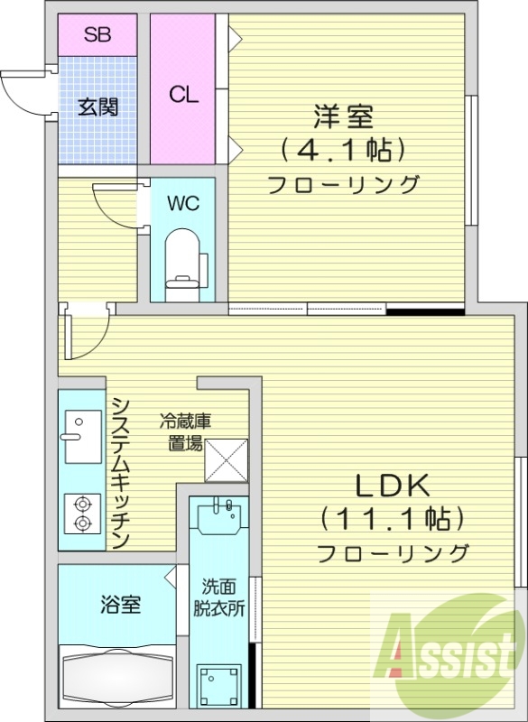 1LDK、エアコン、都市ガス、システムキッチン