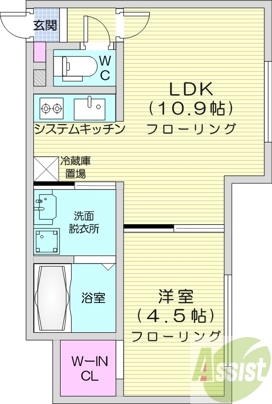 1LDK、エアコン、都市ガス、システムキッチン