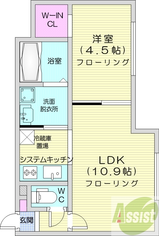 1LDK、エアコン、都市ガス、システムキッチン