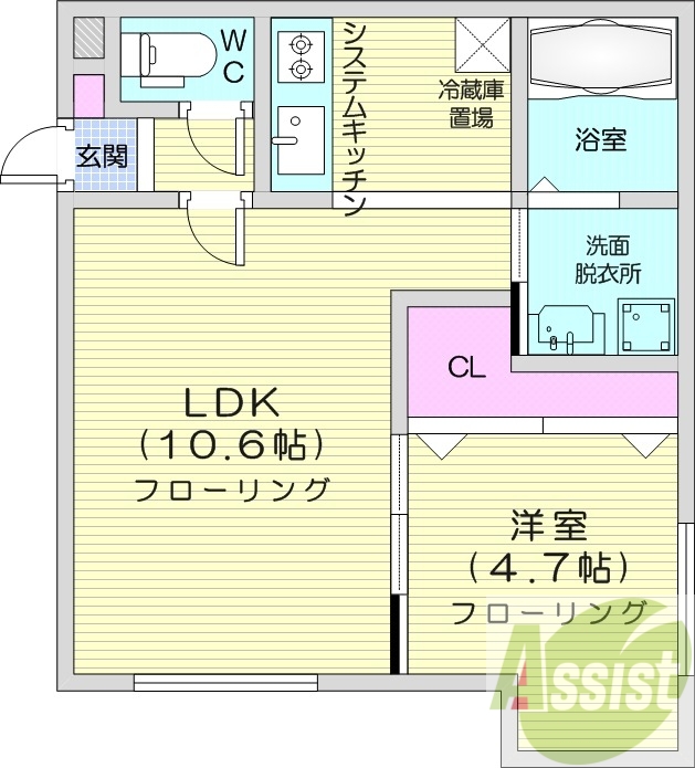 1LDK、エアコン、都市ガス、システムキッチン