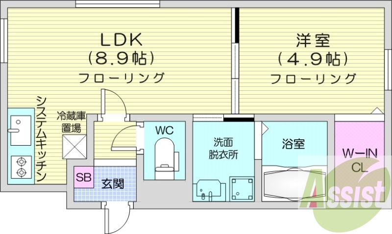 1LDK、都市ガス、エアコン、浴室乾燥機、システムキッチン