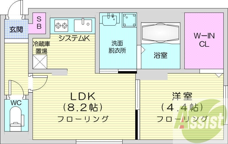 1LDK、都市ガス、エアコン、システムキッチン