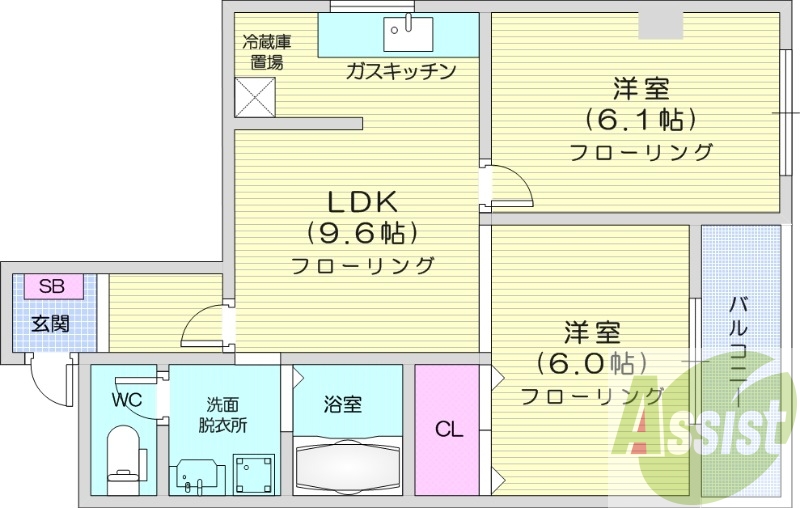 2LDK、都市ガス、灯油暖房、独立洗面台