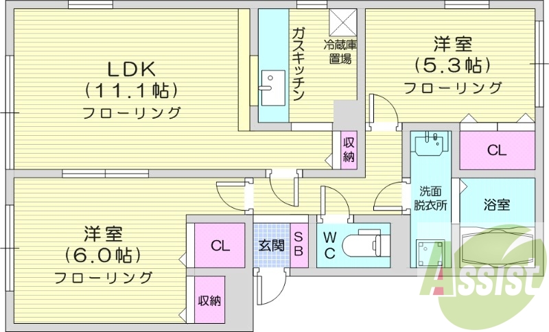 2LDK、独立洗面台、灯油暖房、トランクルーム