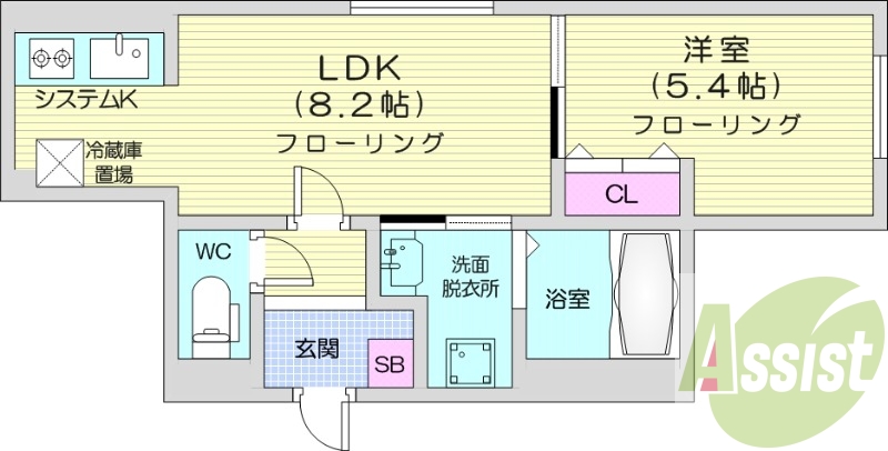 1LDK、都市ガス、エアコン、システムキッチン