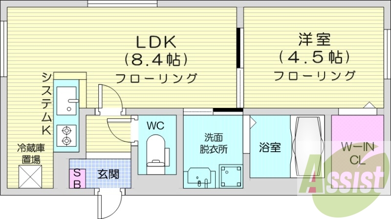 1LDK、都市ガス、エアコン、システムキッチン
