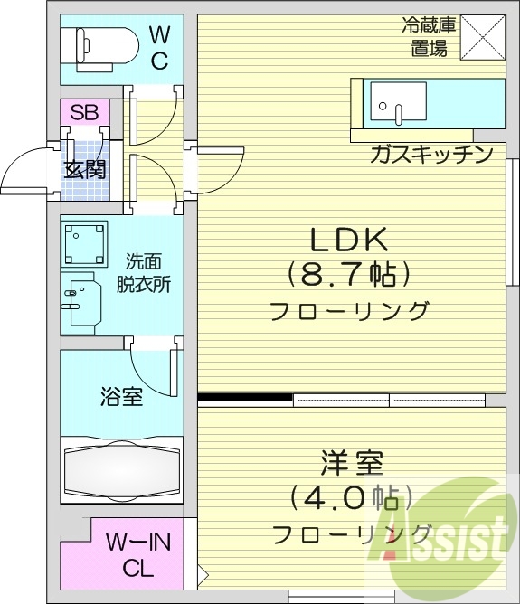 1LDK、都市ガス、エアコン、浴室乾燥機