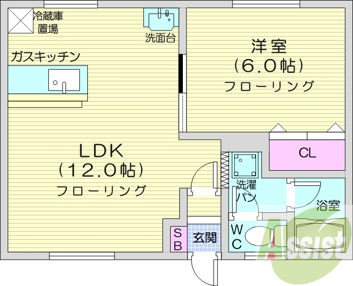 1LDK、バストイレ別、灯油暖房、ペット可