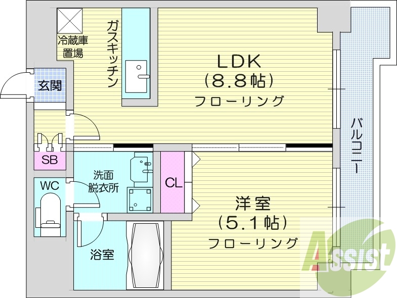1LDK、バルコニー、オートロック、バストイレ別