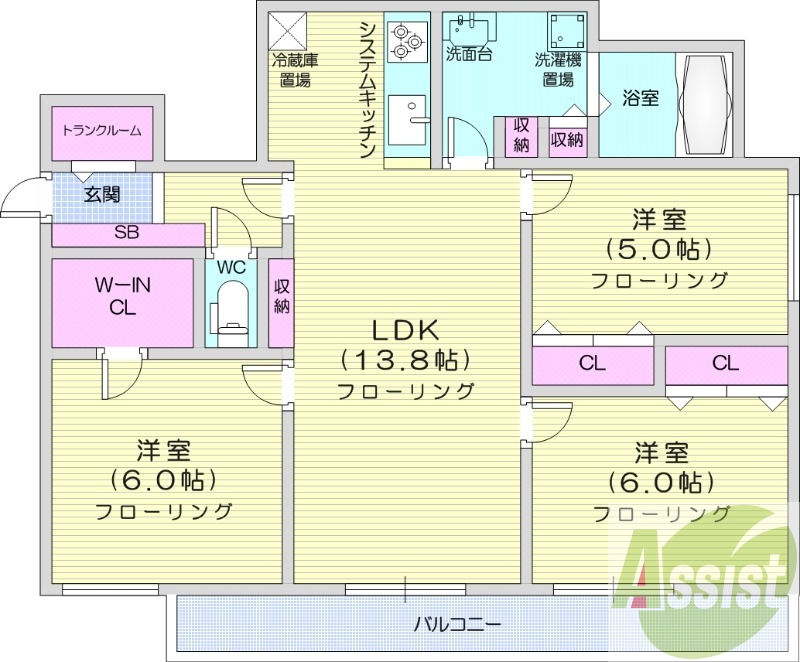 3LDK、追い焚き、エアコン、浴室乾燥機、システムキッチン