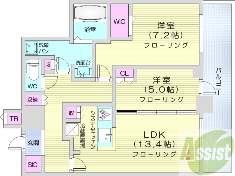 2LDK、システムキッチン、シャワートイレ、追い焚き