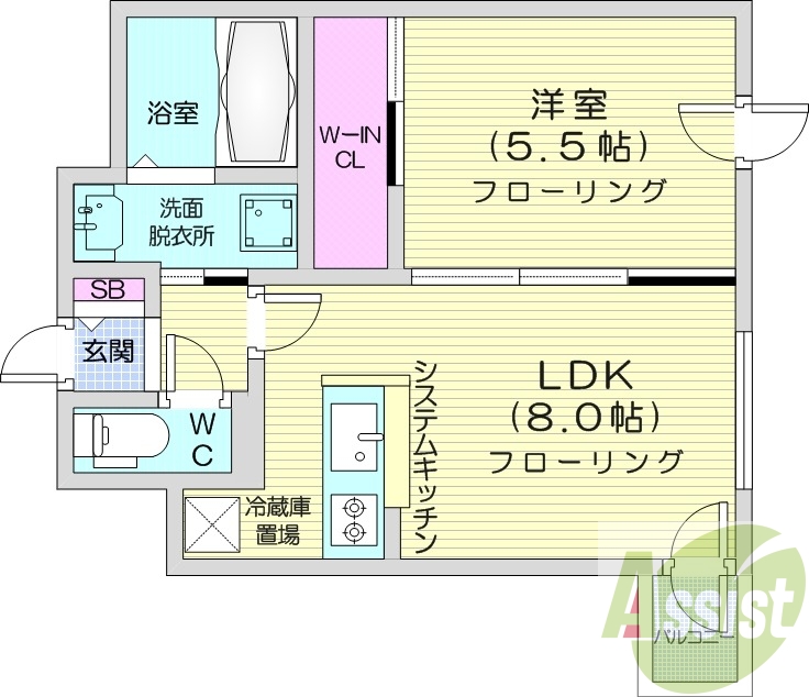 1LDK、システムキッチン、都市ガス、エアコン