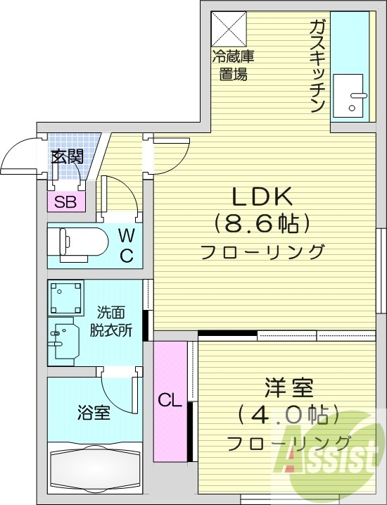 1LDK、都市ガス、エアコン、浴室乾燥機