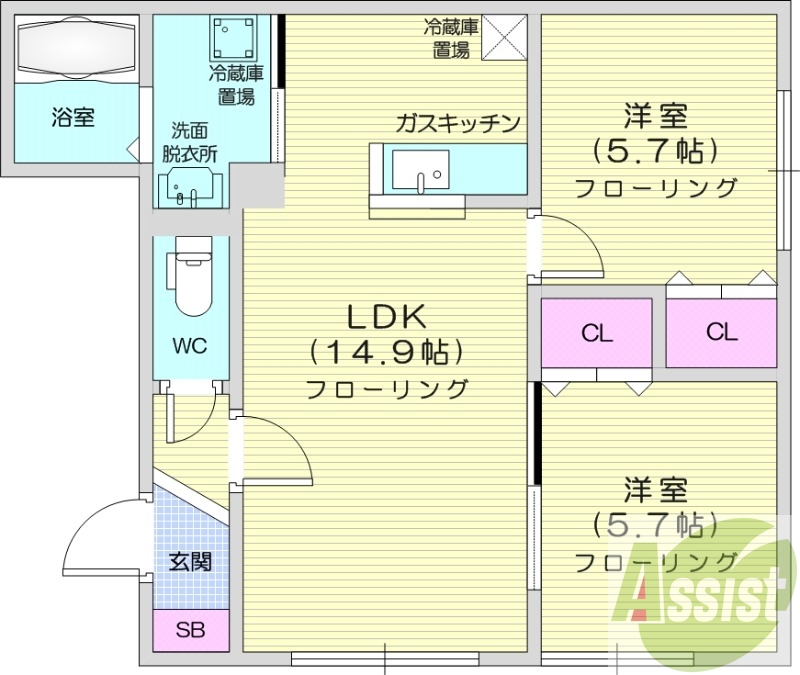 2LDK、対面キッチン、シャワートイレ、独立洗面台