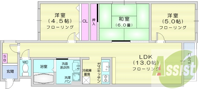 3LDK、独立洗面台、バストイレ別、光ファイバー