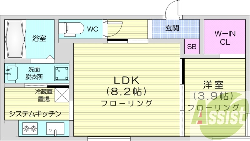1LDK、システムキッチン、エアコン、独立洗面台