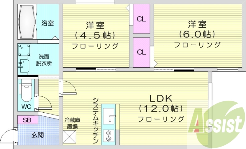 2LDK、都市ガス、エアコン、システムキッチン、浴室乾燥機