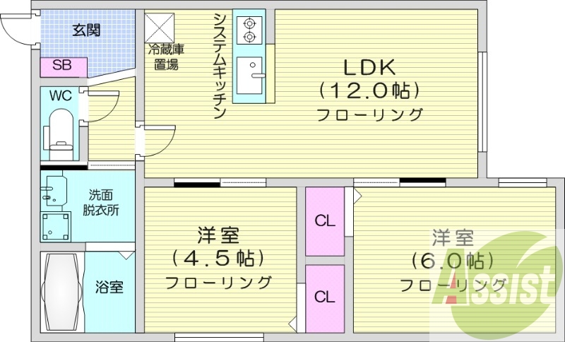2LDK、都市ガス、エアコン、システムキッチン、浴室乾燥機