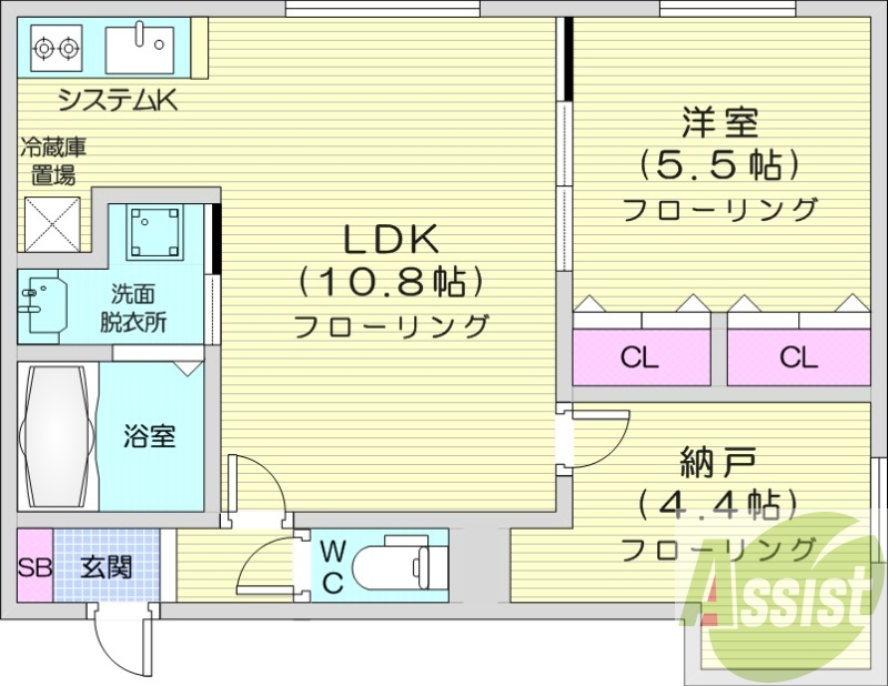 2LDK、都市ガス、エアコン、システムキッチン、浴室乾燥機