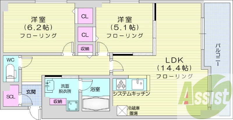 2LDK、クローゼット、床暖房、浴室乾燥機、ウォシュレット