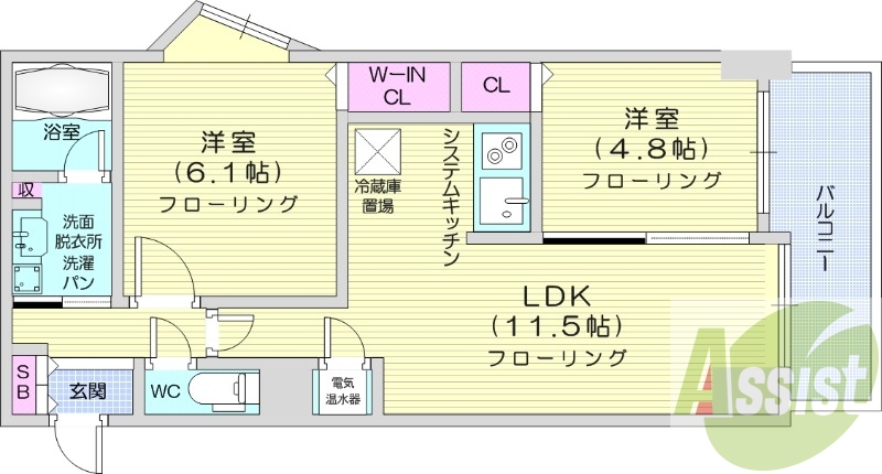 2LDK、オール電化、独立洗面台、ウォークインクローゼット