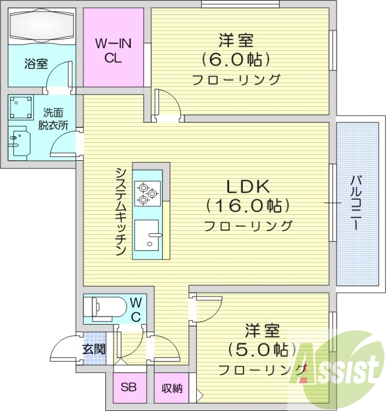 2LDK、エアコン、浴室乾燥機、システムキッチン