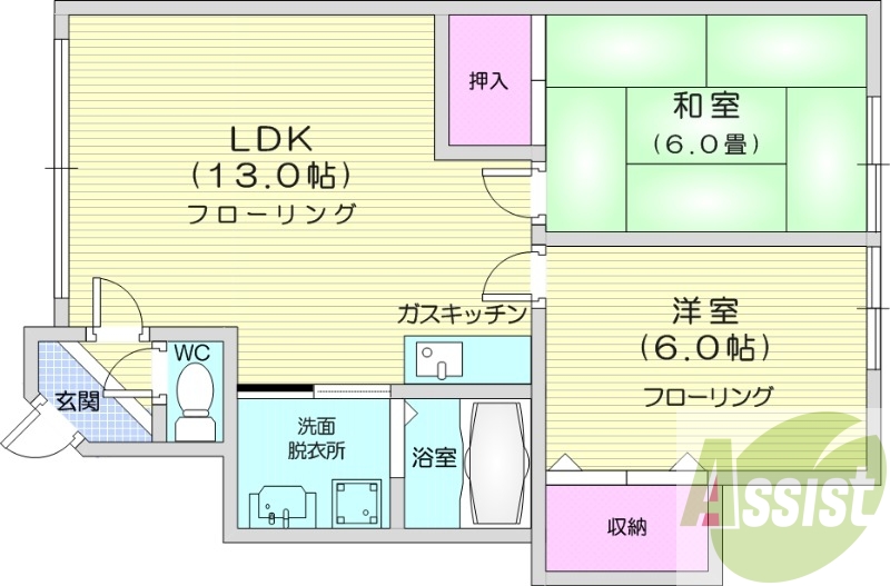 2LDK、灯油給湯、ネット使用料不要、バストイレ別