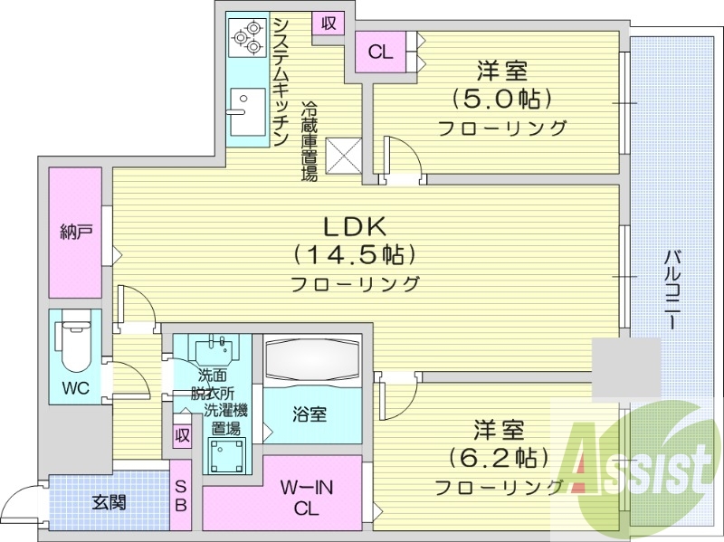 2LDK、システムキッチン、シャワートイレ、追い焚き
